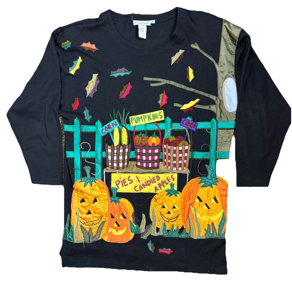 Vintage Halloween Fall Pumpkin Top Womens M Sequins Long Length